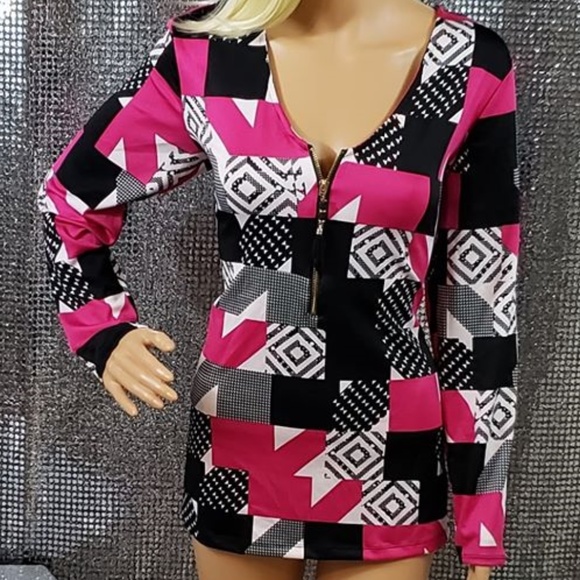 B + W + Pink Long Sleeve No Wrinkle Zip-Up NEW Top - Picture 1 of 3